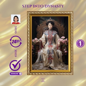 Könnte beinhalten: Eine Frau in einer Krone und traditioneller chinesischer Kleidung sitzt auf einem Thron mit einem floralen Hintergrund. Das Bild ist in Gold gerahmt und trägt oben den Text "STEP INTO DYNASTY".