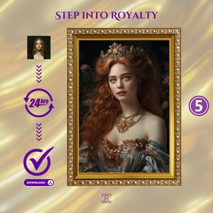 K&ouml;nnte beinhalten: Ein digitales Gem&auml;lde einer Frau mit langen roten Haaren, die eine goldene Krone und ein blaues und goldenes Kleid tr&auml;gt. Das Gem&auml;lde ist in einem goldenen Rahmen gerahmt.