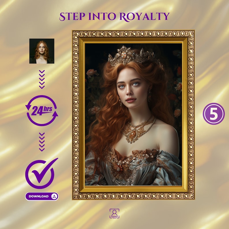 K&ouml;nnte beinhalten: Ein digitales Gem&auml;lde einer Frau mit langen roten Haaren, die eine goldene Krone und ein blaues und goldenes Kleid tr&auml;gt. Das Gem&auml;lde ist in einem goldenen Rahmen gerahmt.