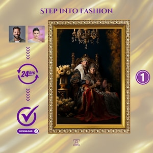 May include: A digital painting of a couple dressed in royal attire. The man is wearing a fur-trimmed robe and a crown, while the woman is wearing a long, flowing gown with a fur stole. They are sitting on a throne in a richly decorated room.