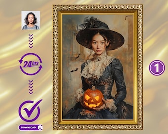 Custom Witch Portrait from Photo, Personalized Halloween Gift (Digital Download)