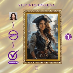 Peut inclure: Une peinture numérique d'une femme vêtue en pirate, portant un gilet noir et une ceinture marron avec une boucle dorée. Elle tient une épée dans sa main droite et porte un chapeau de pirate sur la tête. L'arrière-plan est un paysage marin avec un navire au loin.