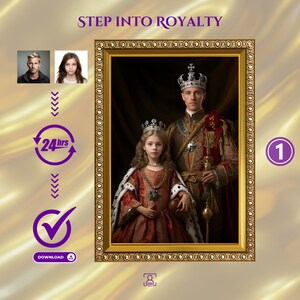 May include: A digital painting of a king and queen in royal attire. The king is wearing a gold crown and a red and gold robe. The queen is wearing a gold crown and a red and gold dress. The painting is set against a dark background.