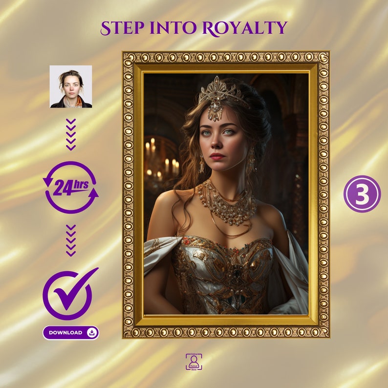 K&ouml;nnte beinhalten: Ein gerahmtes Portr&auml;t einer Frau, die eine goldene Krone und ein wei&szlig;-goldenes Kleid tr&auml;gt. Das Portr&auml;t ist vor einem goldenen Hintergrund mit einer violetten Nummer 3 in der Ecke.