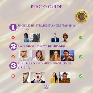 K&ouml;nnte beinhalten: Ein Foto-Leitfaden mit drei Tipps f&uuml;r ein gutes Foto. Die Tipps sind: 1. Sollte in gerader Perspektive aufgenommen werden. 2. Das Gesicht sollte nicht verdeckt sein. 3. Der gesamte Kopf und Hals sollten sichtbar sein. Jeder Tipp hat ein H&auml;kchen und ein Kreuz, um anzuzeigen, ob das Foto gut oder schlecht ist.