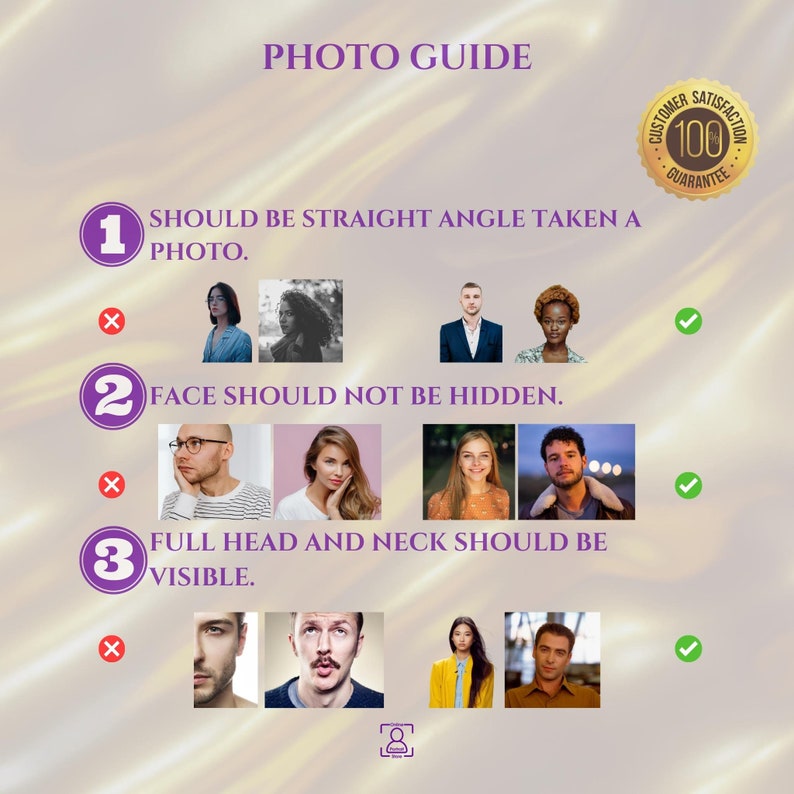 K&ouml;nnte beinhalten: Ein Foto-Leitfaden mit drei Tipps f&uuml;r ein gutes Foto. Die Tipps sind: 1. Sollte in gerader Perspektive aufgenommen werden. 2. Das Gesicht sollte nicht verdeckt sein. 3. Der gesamte Kopf und Hals sollten sichtbar sein. Jeder Tipp hat ein H&auml;kchen und ein Kreuz, um anzuzeigen, ob das Foto gut oder schlecht ist.