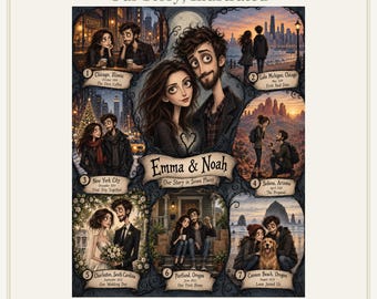 Personalized Gothic Love Story Poster, Custom Couple Portrait, 7 Memories (Digital File)