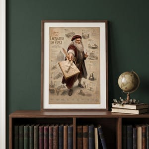 Könnte beinhalten: Gerahmter Druck mit einer Illustration von Leonardo da Vinci, der ein Buch und eine Feder hält. Der Druck enthält eine Zeitleiste und Bilder, die sich auf sein Leben und Werk beziehen. Der Text "Leonardo da Vinci" steht oben.