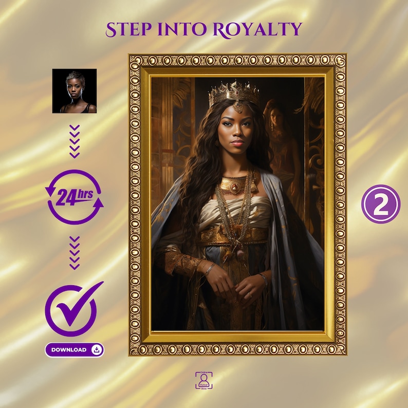 K&ouml;nnte beinhalten: Ein digitales Gem&auml;lde einer Frau, die eine Krone und ein goldenes und blaues Kleid tr&auml;gt. Das Gem&auml;lde ist in einem goldenen Rahmen mit verzierten Details gerahmt. Der Hintergrund ist eine dunkle, strukturierte Wand.