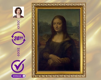 May include: A woman's face is superimposed onto the Mona Lisa painting. The painting is in a gold frame. The text "STEP INTO RENAISSANCE" is at the top of the image.