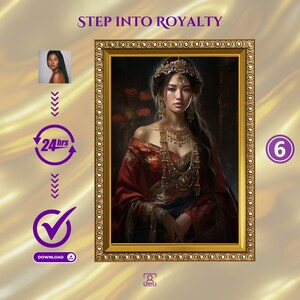 K&ouml;nnte beinhalten: Ein digitales Gem&auml;lde einer Frau in einem roten und goldenen Kleid mit einer Krone auf dem Kopf. Das Gem&auml;lde ist in einem goldenen Rahmen gerahmt.