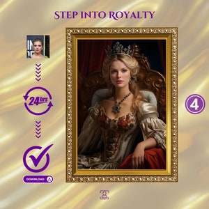 K&ouml;nnte beinhalten: Ein digitales Gem&auml;lde einer Frau in einem k&ouml;niglichen Kleid und einer Krone, die auf einem Thron sitzt. Das Gem&auml;lde ist in Gold gerahmt und hat einen violetten Hintergrund.