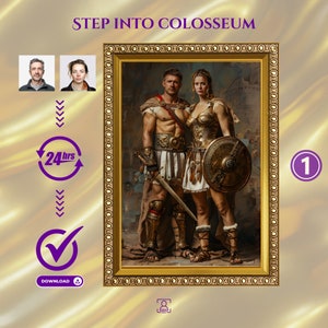 Könnte beinhalten: Ein digitales Gemälde eines Paares, das als römische Gladiatoren verkleidet ist und vor einer großen Menge steht. Der Mann hält ein Schwert und die Frau einen Schild. Das Gemälde ist in einem goldenen Rahmen gerahmt.