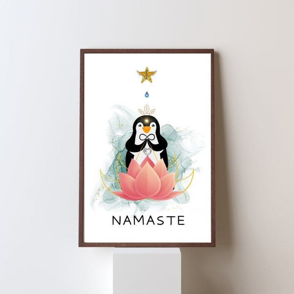 Namaste, acuarela de pingüino, chakras, pingüino en loto, decoración de habitación para niños, decoración de guardería, grabados de arte de pared, decoración espiritual, arte de pared de namaste