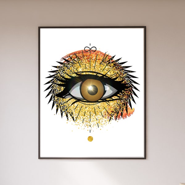 I see you, all seeing eye, tribal, golden eye for intuition, the third eye chakra and mindfulness, digital wall art, angel wings wall decor