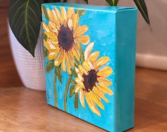 Hand Painted Sunflowers - Original Acrylic Painting on 6x6 Canvas - "Soul Sister" - Ready to Hang