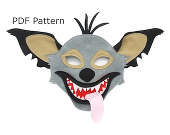 Hyenakostuummasker naaipatroon, Halloween, boekenweek, papercraft afdrukbare sjabloon papieren kostuummasker, digitaal bestand, volwassen grootte