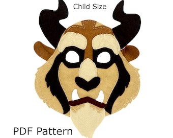 Patroon Beast kostuum masker naaipatroon, boekdag, digitaal bestand, Belle en het beest, kindergrootte, Halloween, theater, cosplay, ambacht