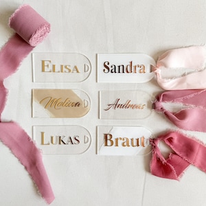 Namenskarten / Platzkarten aus Acryl für Hochzeiten mit Stoffband, wunderschönes Gastgeschenk / Lesezeichen