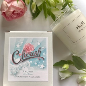 Op de afbeelding: Een witte kaars in een glazen pot met het woord "HOPE" en de tekst "Lily & Hibiscus" op het etiket. De kaars staat op een wit oppervlak met een doos ernaast. De doos is wit met een blauw en roze ontwerp en de woorden "Cherish Stargazer Lily & Hibiscus Natural Plant Wax Candle" op het etiket.