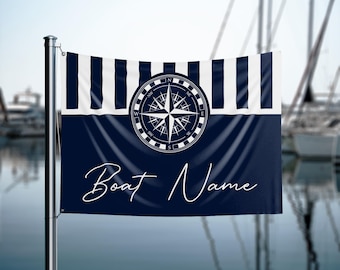 Personalized Double Sided Boat Flag, Custom Luxury Compass Design with Boat Name & Location, Captain Gift, Nautical Outdoor Decor, 4 Sizes
