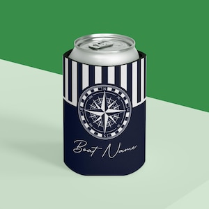 Personalized Boat Name Can Cooler with Compass Design Custom Nautical Drink Holder for Captain or Yacht Slim and Regular Size Options