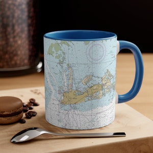 Taza de café con gráfico náutico de Key West, gran regalo de mapa para barco, ella o él, 5 opciones de color, color interior y mango en C, 11 oz