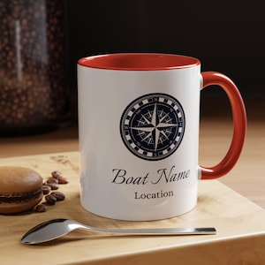 Personalized Boat Name Accent Coffee Mug with Compass Design Custom Nautical Gift Ceramic Cup in 11oz or 15oz Size, 7 Colors