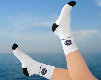 Personalized Captain Name Socks Compass Design Custom Nautical Gift for Boat Owner or Sailor White or Navy Stretch Fit Crew Socks