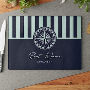 Personalized Boat Name Glass Cutting Board with Compass and Stripe Design Custom Nautical Gift for Coastal Kitchen or Captain, Boat Gift