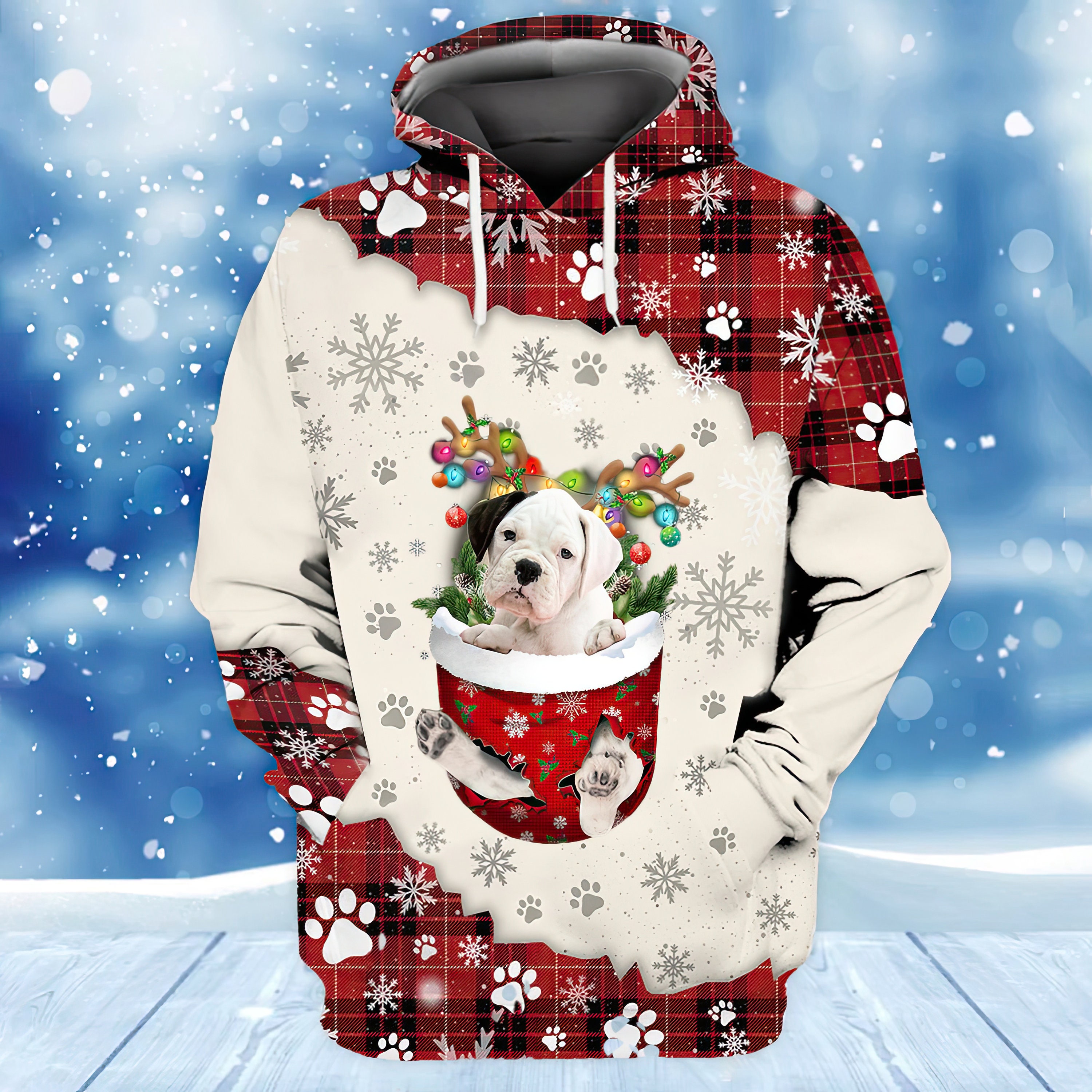 Discover Boxer In Snow Pocket Merry Christmas 3d Hoodie, Winter Hoodie