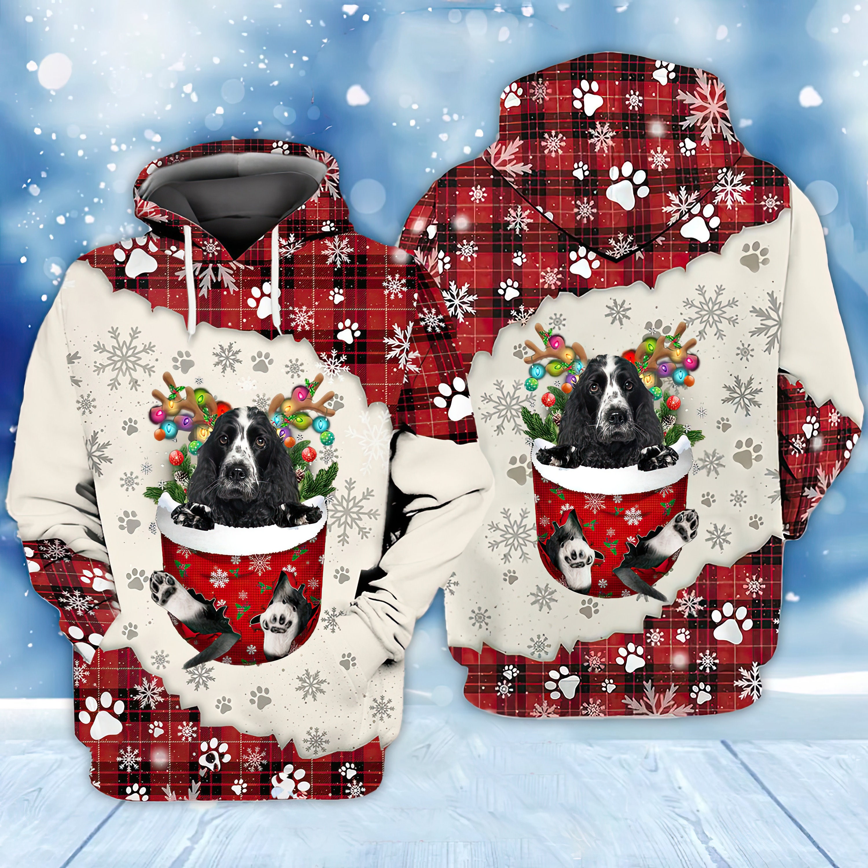 Discover American Dog In Snow Pocket Merry Christmas 3D Hoodie, Winter Hoodie