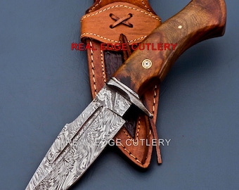 Handmade Damascus Steel Hunting Bowie Knife Big Rose Wood Handle Easter Birthday Anniversary Wedding Personalized Gift for Him USA Made
