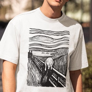 The Scream by Edvard Munch, Art Nouveau T-shirt, famous painting The Screaming figure, expressive drawing Munch, Darke fear, dread, Horror