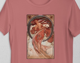 Camiseta con obra de arte Art Nouveau Danza de Alphonse Mucha, ilustración vintage de 1898 que dibuja a una bella mujer en la fluidez y el ritmo de la danza.