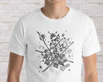 May include: A white t-shirt with a black and white abstract design featuring geometric shapes, lines, and scribbles.