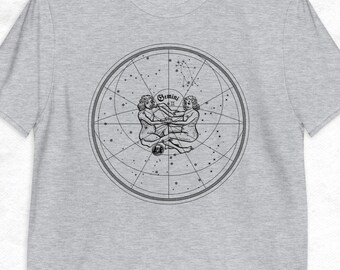 Camiseta com o signo de Gêmeos, camiseta com o mapa da galáxia e o horóscopo de Gêmeos, desenho vintage, mapa da constelação de Gêmeos, presente de aniversário com o signo de Gêmeos
