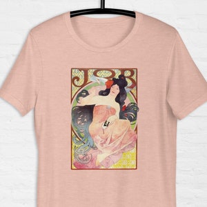 Art Nouveau Artwork T-shirt, Job by Alphonse Mucha, Vintage Illustration 1897-1898, drawing elegance exquisitely woman with flowing hair