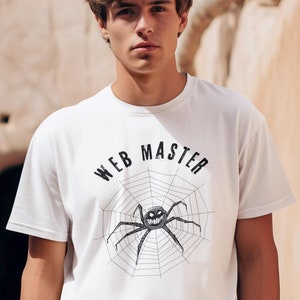 Spider in web unisex t-shirt, web master shirt, big laughing spider in web, graphic shirt smiling scary spider, horrible happy spider