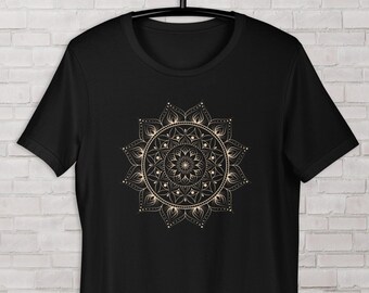 Golden Mandala Flower Tee shirt, Womens Boho Tee, Bohemian Casual T-Shirt, Mandala Gift for Her, Lounge tee, Hippie Unisex T-Shirt, Yoga tee