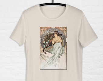 T-Shirt Music from Les Arts (1898) by Alphonse Mucha  Vintage French poster illustration  Beautiful Woman, Art Nouveau Shirt  Art Lover Gift