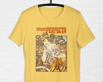 Camiseta unisex Art Nouveau Cycles Perfecta de Alphonse Mucha Bicycle Shirt, camiseta de ciclismo con niña
