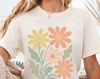 Boho Flowers T-shirt, Vintage Daisies t-shirt, Bohemian Wildflowers tee,  Retro Floral t-shirt, Women's Graphic t-shirt, summer gift for her
