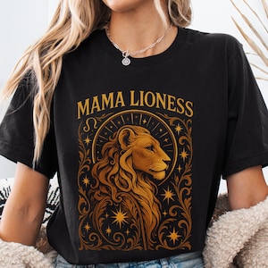 Mama Lioness T-Shirt, Mom Leo Shirt, Art Nouveau Lion Tee, Black Women&#39;s Tshirt, Leo Zodiac Gift, Female Lioness Astrology Tee