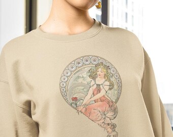 Sudadera Art Nouveau Alphonse Mucha, Imagen artística de una mujer hermosa, Obra de arte francesa moderna, Obra de arte vintage, Regalo para amantes del arte Ropa estética