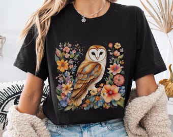 Barn Owl  Floral Design T-Shirt, Owl Graphic Tee with Colorful Watercolor Wildflowers, Bird Tee, Owl in a Blooming Garden, Nature Lover Gift