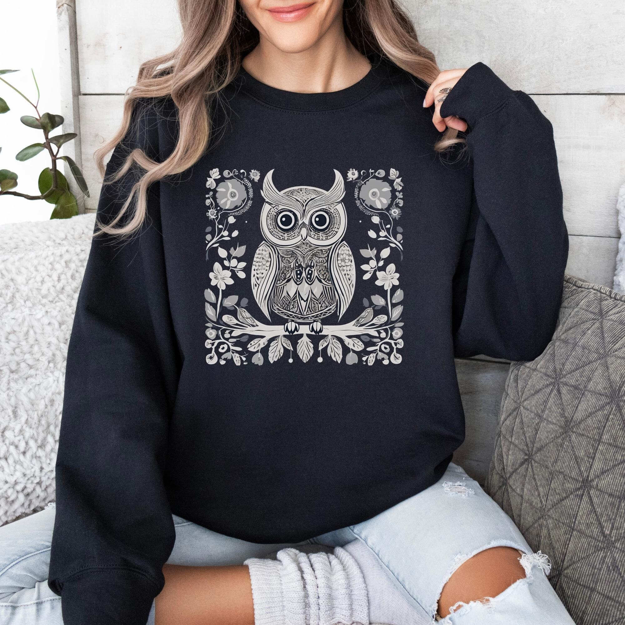 Folk Art Owl among Flowers Sweatshirt, Boho Owl Vintage graphic shirt, Nordic style Bird shirt, Retr