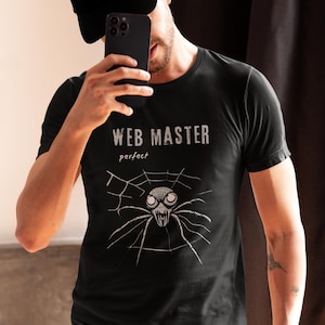 Spider T-shirt Webmaster, big grey spider in web graphic creepy scary spider, perfect web master, black web spider unisex t-shirt