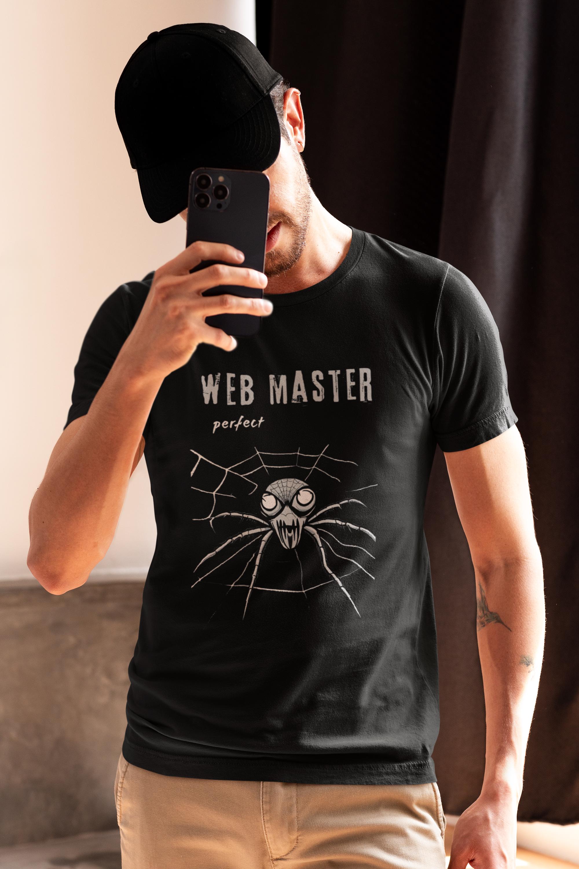 Webmaster spin T-shirt, grote grijze spin in webafbeelding griezelige enge spin, perfecte webmaster, zwarte webspin uniseks T-shirt