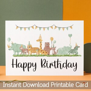 Afdrukbare verjaardagskaart Instant Download DIY-kaart Gepersonaliseerde verjaardagswensen Digitale groet Vieringskaart PDF Safari Dieren Ontwerp